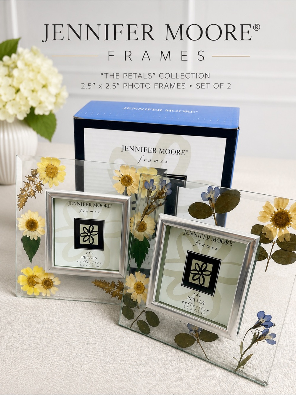 Jennifer Moore “The Petals Collection”Pressed Flower Glass Frames Set of 2 NIB